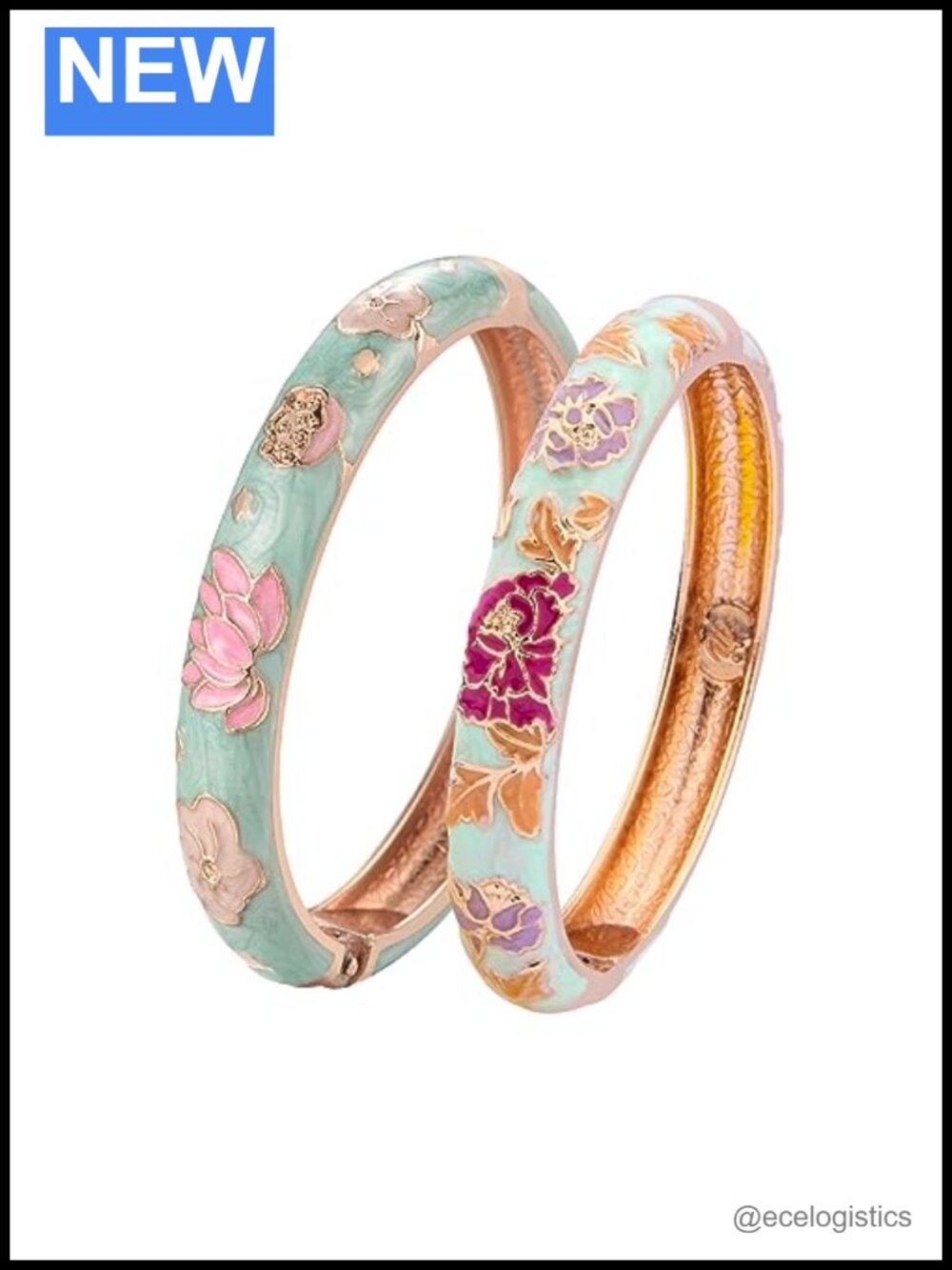 Vintage Cloisonne Cuff Bracelet Set Enameled Flower Bangle Gift
